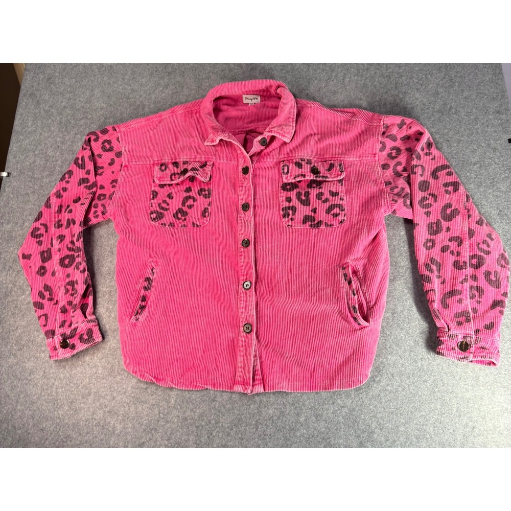 Prissy Jane Pink Corduroy Leopard Print Shacket Womens 2XL Button Down Jacket
